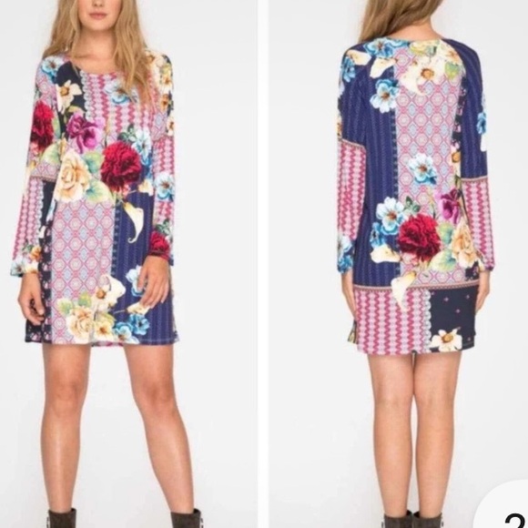 Johnny Was Verdell Floral Patchwork Festival Boho Shift Mini Dress